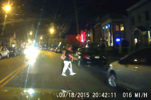 Jaywalker almost gets hit walking in front of me